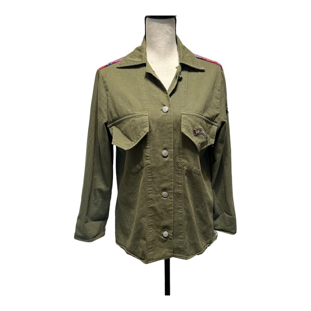 For Love & Lemons Womens Utility Jacket Army Green Khaki Long Sleeve Button-Up M